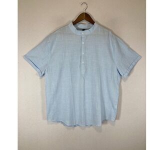 Coastal Ouku Womens 2XL Light Blue Cotton Linen Mandarin Collar Henley Shirt